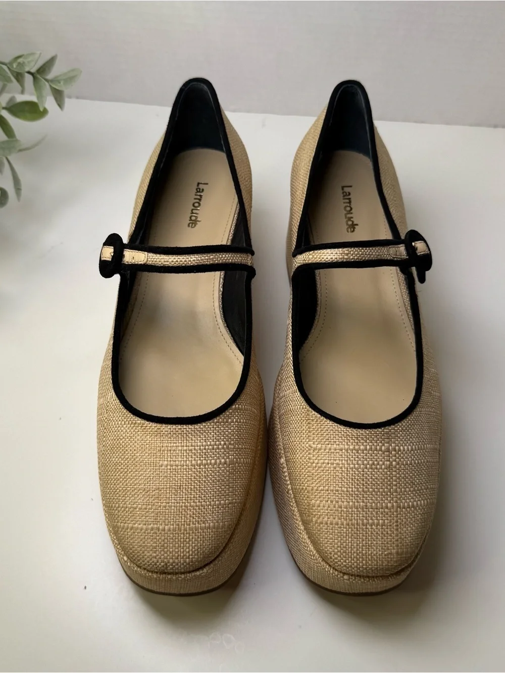 Larroude Women's Blair Flatforms Mary-Jane Raffia/Leather Shoes Women's Size 10